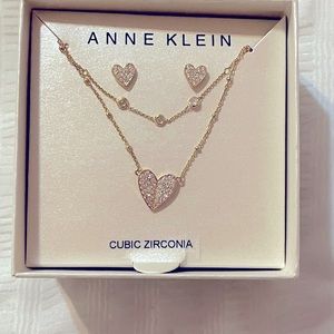 never used anne klein necklace and earrings, heart shaped set with diamonds